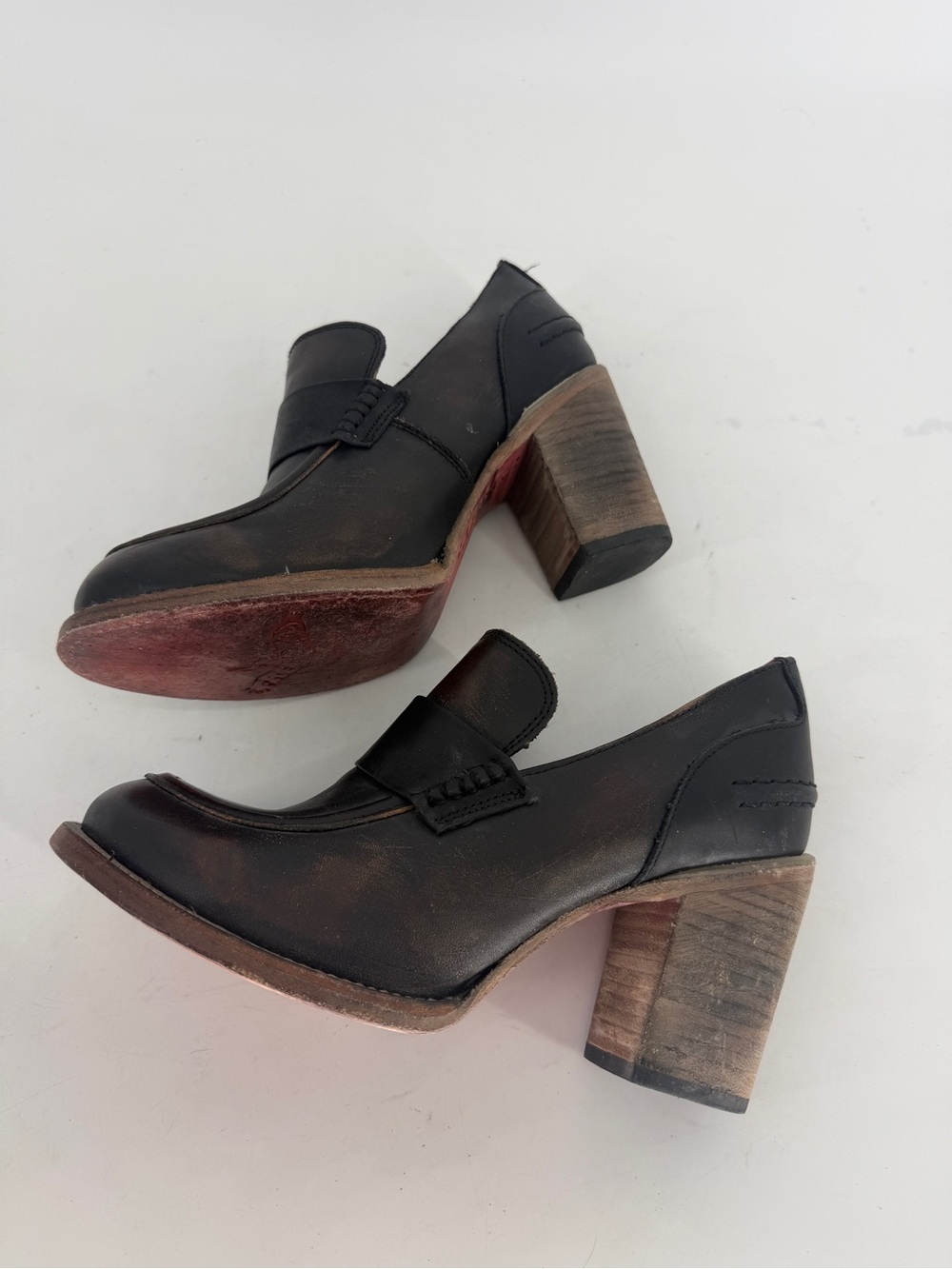 freebird Black Leather Block Heel Loafers